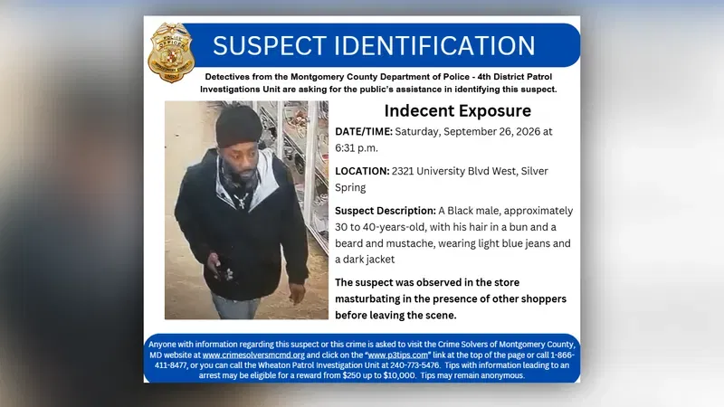 Police are working to identify a man who they said masturbated in front of shoppers at a store in Silver Spring, Maryland, on Sept. 26, 2026. (MCPD)
