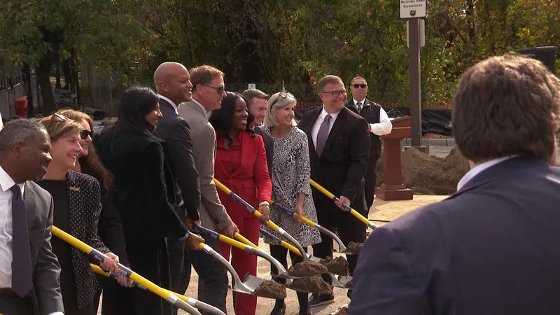 Maryland Gov. Wes Moore, joined by Lt. Gov. Aruna Miller, threw dirt on Wednesday, Oct. 28, 2026, at his administration's first transit-oriented groundbreaking at the Odenton MARC Station in Anne Arundel County, Md., for a parking garage. (David Linthicum/WBFF)