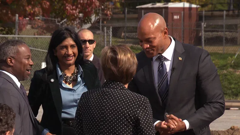 Maryland Gov. Wes Moore, joined by Lt. Gov. Aruna Miller, met with attendees on Wednesday, Oct. 28, 2026, at his administration's first transit-oriented groundbreaking at the Odenton MARC Station in Anne Arundel County, Md. (David Linthicum/WBFF)