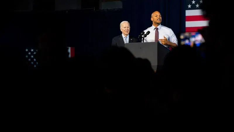 BOWIE, MD - NOVEMBER 07:  U.S. President Joe Biden looks on during a speech by Democratic gubernatorial candidate Wes Moore at a campaign rally at Bowie State University on November 7, 2022 in Bowie, Maryland. Moore faces Republican state Rep. Dan Cox in tomorrow's general election.  (Photo by Nathan Howard/Getty Images)